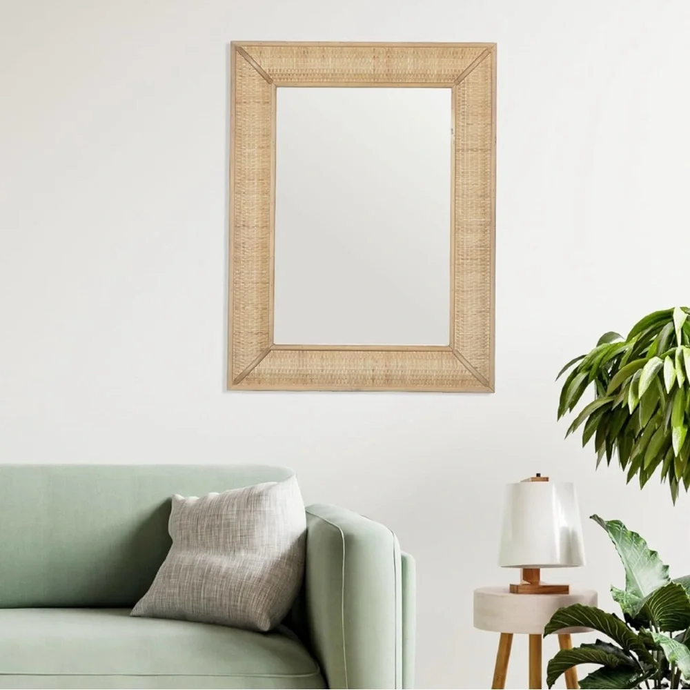 New West Elm Large Rattan Boho Rectangular Frame Wall Mirror - 27